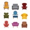 Chairs and armchairs icons set. Furniture collection of different armchairs in flat style.