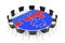 Chairs Around a Table in Puzzles Shape and European Union and Russian Flags. 3d Rendering