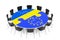 Chairs Around a Table in Puzzles Shape and European Union and Ukraine Flags. 3d Rendering