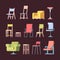 Chairs collection. Front view elegant furniture for home modern style vector pictures