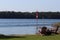 Chairs looking over beautiful lake view with Canada flag