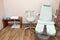 Chairs in a pedicure beauty salon. Interior of empty modern nail salon. Work places for masters of manicure. Pedicure cabinet