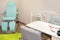 Chairs in a pedicure beauty salon. Interior of empty modern nail salon. Work places for masters of manicure. Pedicure cabinet