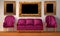 Chairs with purple couch and picture frames