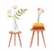 Chairs or small tables clip art objects with plants or flowers in vase and bottle. Vector hand drawn design cartoon.