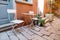 Chairs and a table in garden. Steel chairs and a table standing in a beautiful garden at sunny day.