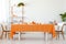 Chairs at table with orange cloth in white dining room interior with plant on shelves