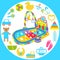 Chaise lounge for baby relaxation surrounded by child care objects, newborn items supplies