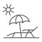 Chaise lounge on beach thin line icon, Summer concept, Deck chair with umbrella sign on white background, Beach parasol