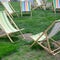 Chaise lounges on a lawn. Garden sunbeds on green grass