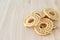 Chakli or Murukku popular vegetarian snack South India. Spiral shaped crisp deep-fried snack. Close up.. Selective focus.