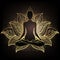 Chakra concept. Inner love, light and peace. Buddha silhouette in lotus position over ornate mandala. Vector illustration in gold