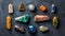 Chakra gemstones crystals and nature magic things. Witchcraft Ritual, energy healing minerals. flat lay. Multi-colored crystals on