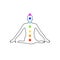 Chakra icons with respective colors on a meditating person