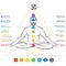 Chakras system of human body - used in Hinduism, Buddhism and Ayurveda. Man in padmasana - lotus asana. For design, associated wit