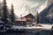 chalet against backdrop of mountain oasis in snow with palm trees exterior of the winter chalet