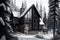 chalet with black windows with snow dumps in forest exterior of the winter chalet