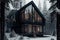 chalet with black windows with snow dumps in forest exterior of the winter chalet