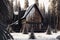 chalet with black windows with snow dumps in forest exterior of the winter chalet