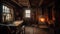 Chalet Cozy Interior Wooden cottage and Fireplace in the winter. Rustic Home Design for Warm Indoor Space Alpine