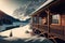 chalet exterior of the winter with wooden veranda in mountains by lake