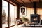 chalet interior of wooden veranda with small brown table with picture above fireplace and large windows , made with