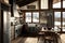 chalet kitchen, with vintage appliances, sleek countertops and cozy breakfast nook