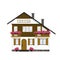 Chalet. Swiss cottage. Alpine house. Flat, cartoon, vector