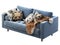 Chalet two-seat blue velvet upholstery sofa with pillows and pelts. 3d render