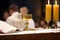 Chalice on the altar during the distribution of Holy Communion