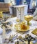 Chalice for wine, blood of christ, and ciborium with host, body of christ, and ampoules with wine and water for consecration