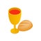 Chalice with wine, piece of bread isometric icon