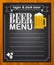 Chalk blackboard beer menu, empty space for text. Wood background