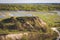 Chalk canyon with happy family on the top. Beautiful view on flooded spring riverside. Meander. Film processing