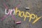chalk drawing: Changing word UNHAPPY to HAPPY