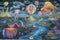 A chalk drawing with whimsical wonderland, with fantastical creatures, floating islands, and colorful hot air balloons