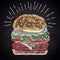 Chalk drawn colored illustration of burger.