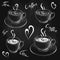 Chalk drawn cups of coffee or tea with saucer and lettering isolated on chalkboard. coffee love sketch on black board