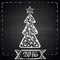 Chalk drawn illustration with white Christmas tree, dotted frame, ribbon and text \'2016\'. Happy New Year Theme