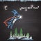 Chalk painted colored illustration with flying goat, Christmas trees, bright stars, moon and text. Happy New Year Theme.