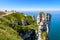 Chalk peaks on the Aval cliff in Etretat, Normandy