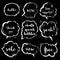 Chalk speech bubbles set with short phrases(hello, wow, bon appetit, thank you, yeah, sale, new, free).