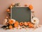 Chalkboard, beige photo frame for writing messages with orange poppies and leaves For use as patterns