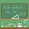 Chalkboard with chemistry formulas and science equipment flat cartoon style