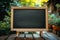 Chalkboard in outdoor setting table with stand in garden
