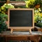 Chalkboard in outdoor setting table with stand in garden