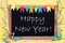 Chalkboard With Party Decoration, Text Happy New Year