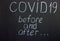 Chalkboard text covid 19 before after. Reasoning about changes in people`s lives