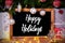 Chalkboard, Tree, Gift, Fairy Lights, Text Happy Holidays