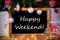 Chalkboard, Tree, Gift, Fairy Lights, Text Happy Weekend